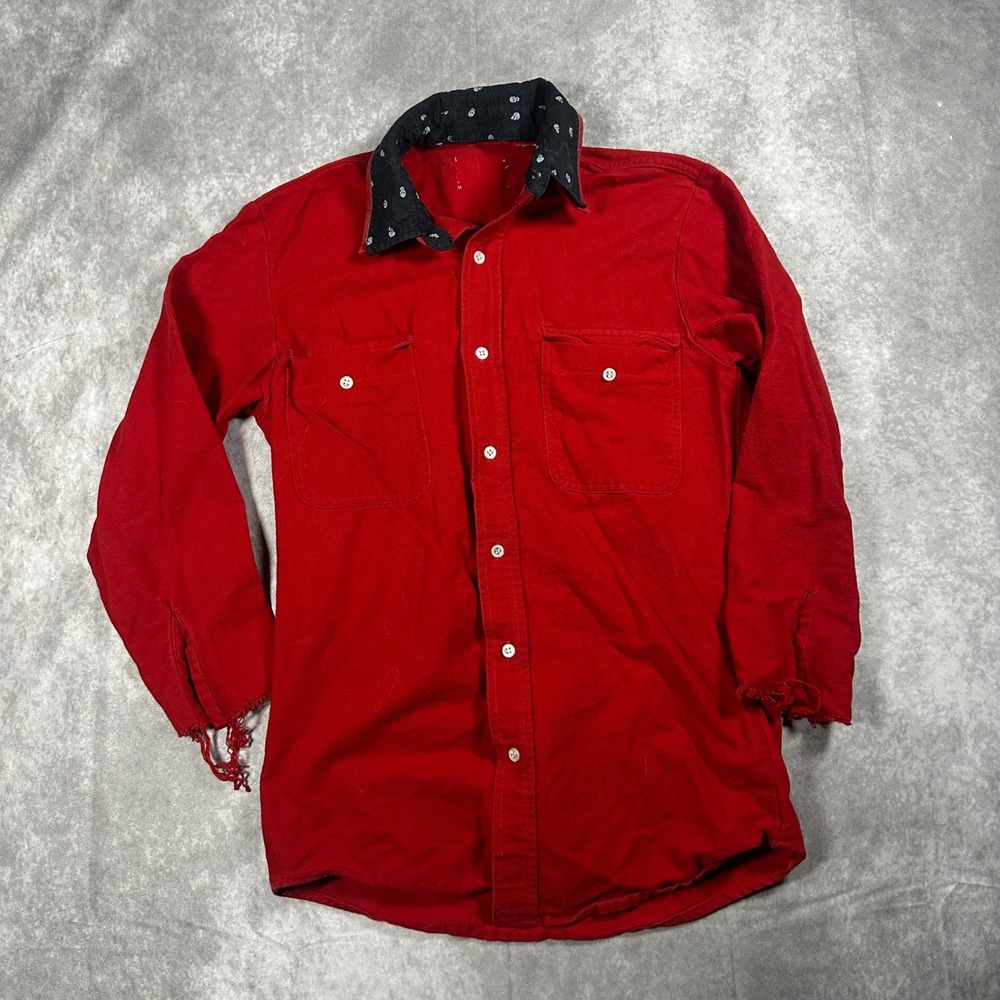 Red Distressed Flannel Button Down Shirt Skull Contrast Collar Punk Rock Small